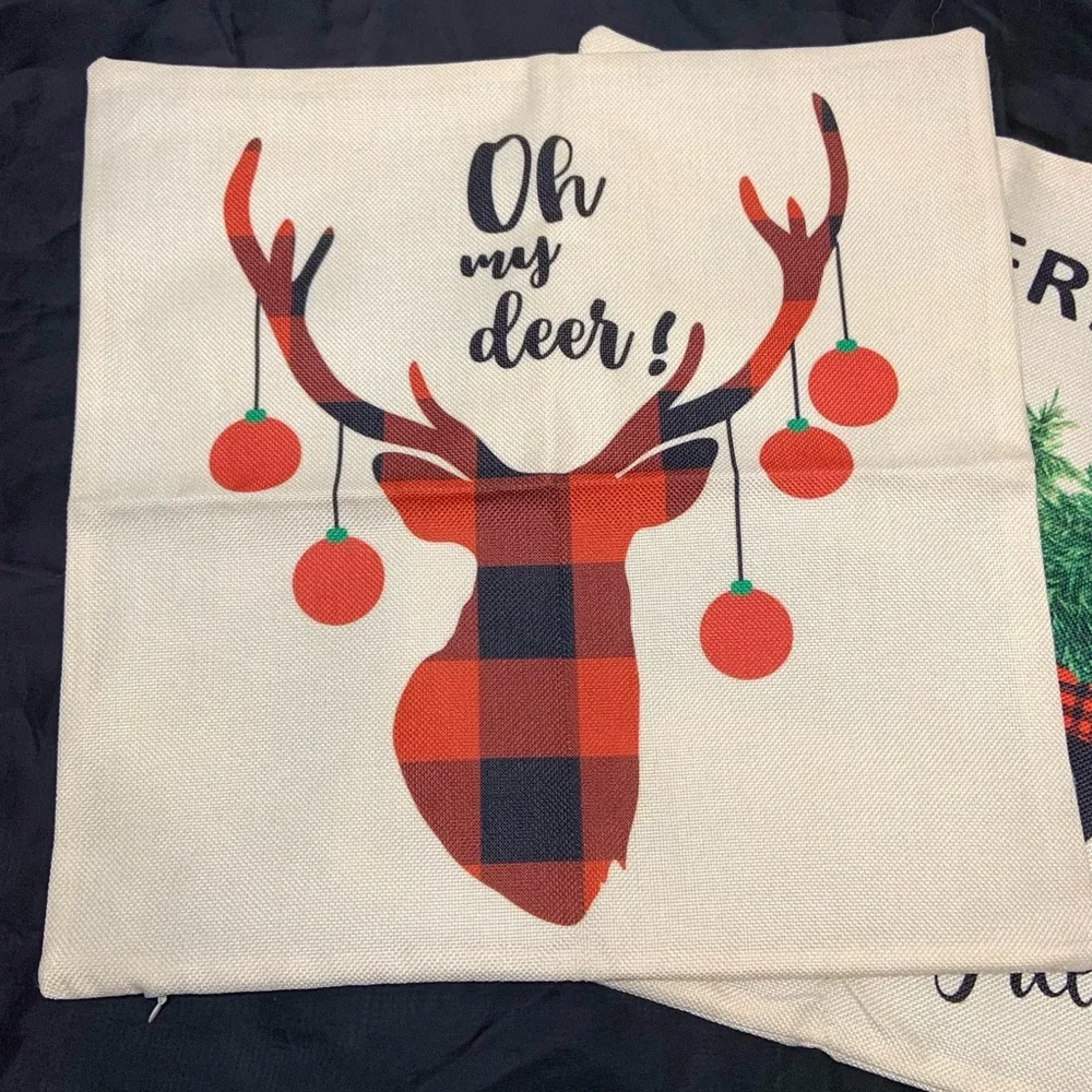 Festive Christmas Holiday Print Burlap Matching Set Pillow Case Set for Home - Picture 4 of 8